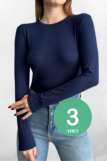 Navy Blue 3-Piece Crew Neck Basic Long Sleeve Blouse