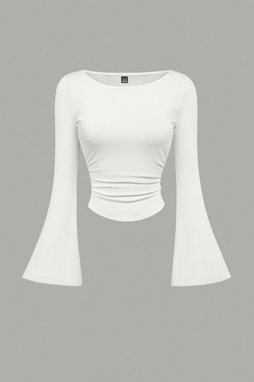 White Boat Neck Long Sleeve Spanish Sleeve Blouse, Side Ruched Spanish Sleeve Crop Top
