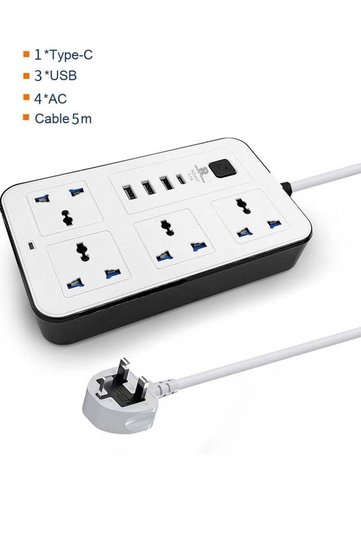 سلك تمديد عالمي بقوة 2500 واط، بطول 3 أمتار، مع 4 منافذ طاقة و3 منافذ USB من نوع C مع خاصية الشحن السريع PD.