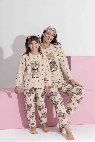Women's Mink Teddy Bear Pattern Mother-Daughter Matching Long Sleeve Fleece Plush Fabric Winter Warm Pajamas Set