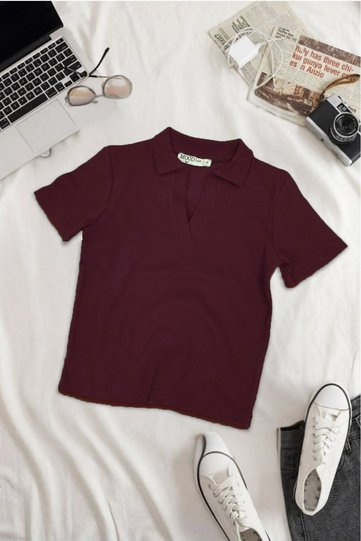Women's Burgundy Polo Neck Ribbed Camisole Short Sleeve T-Shirt