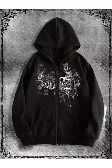 Gothic Design Oversize Zippered Black Unisex Hooded Cardigan