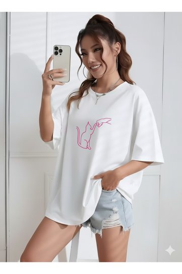 Women's Fist Cat Printed Black Oversize T-Shirt