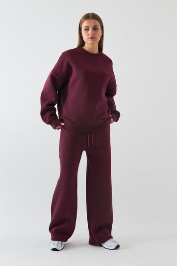 Unisex Oversize Tracksuit Set Basic Burgundy – Crew Neck, Wide Legs, 3 Thread Fleece