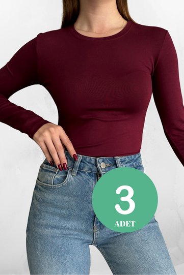 Burgundy 3-Pack Crew Neck Basic Long Sleeve Women's Blouse