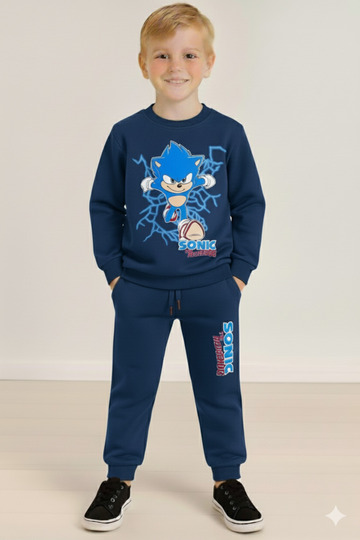 Boy's Blue Sonic Printed Long Sleeve 3 Thread Winter Sweatshirt / Sweatpants Set