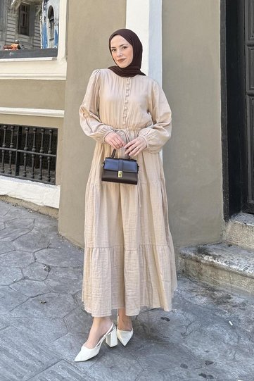 Waist Gathered Hijab Dress Milky Coffee