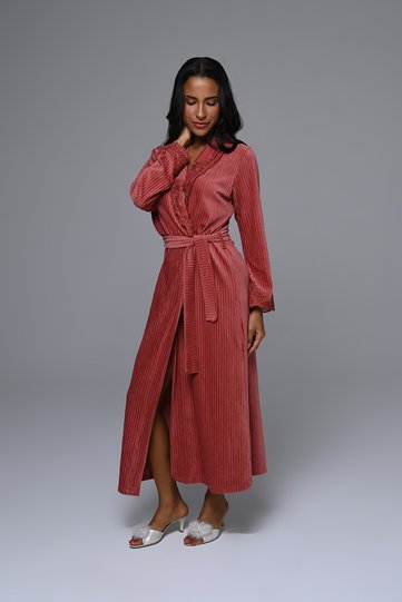 Women's Coral Velvet Shawl Collar Lace Detailed Winter Special Design Full Length Dressing Gown