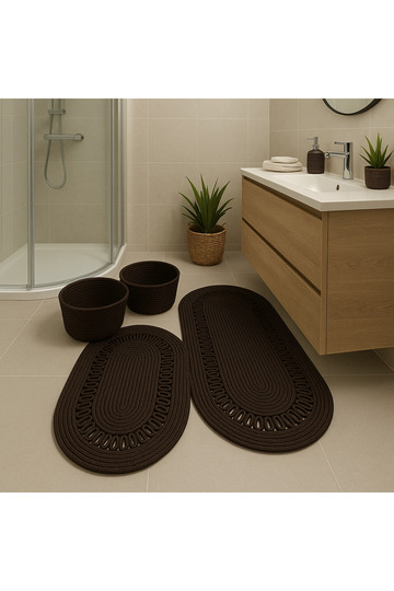 Terra 4-Piece Bathroom Set – 2 Oval Mats & 2 Oval Baskets, Natural Rope Weave, Handmade - Premium