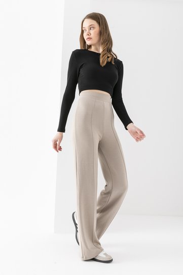 Women's Beige Modal Wide-Leg Seam-Detail High-Waisted Soft-Textured Elastic-Waist Stretch Fabric Trousers
