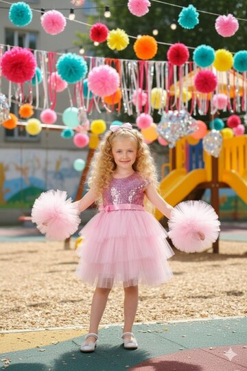 Pompom Sleeves Buckle Pink Birthday Party Show April 23 Graduation Dress Aby160