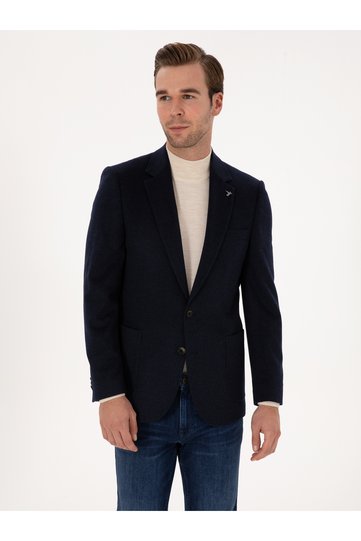 Navy Blue Slim Fit 100% Cashmere Flannel Jacket 50314254-Vr033