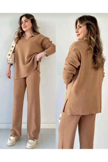 Womens Knit Set Polo Neck Sweater and Pants