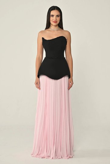 Women's Waist and Neckline Stone Patterned Flowy Skirt Strapless Neckline Black Evening Dress & Graduation Dress Ab712