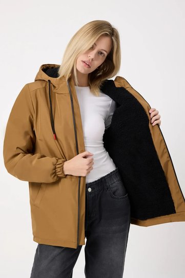 Women's Tan Fur Water and Windproof Hooded Winter Coat & Parka