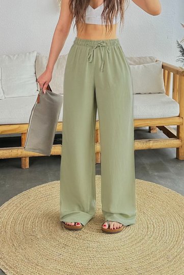Women's Linen Waist Elastic Tie High Waist Wide Cut Pocket Summer Trousers