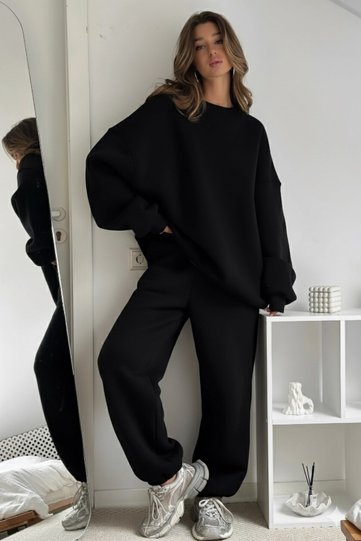 Women's Double Oversize Tracksuit Set Basic Black – Crew Neck, Elasticated Legs, 3 Thread Fleece