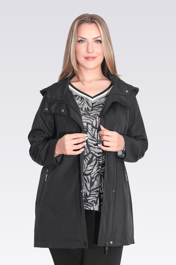 60131 Black Detachable Hood Stand-Up Collar Relaxed Fit Trench Coat