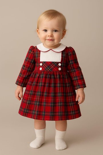 Baby Girl Plaid Bandana Stylish Winter Long Sleeve Dress 100% Cotton