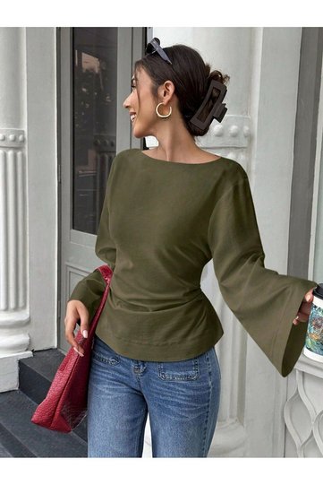Women's Tie-Detail Drawstring Bell Sleeve Blouse