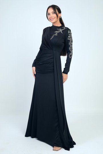 Stone Embroidered Front Gathered Lined Crepe Satin Hijab Dress