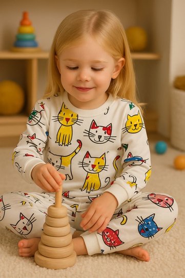 Unisex Cat Figure Printed 100% Cotton Seasonal Pajama Set