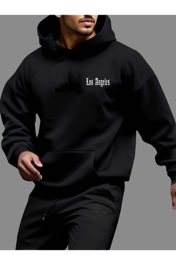 Men's Black Oversize Hooded Sweatshirt Los Angeles Minimal