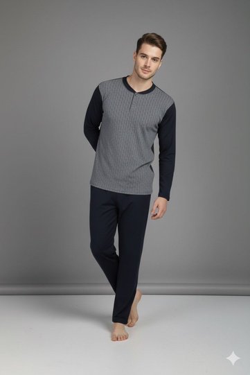 Men's Long Sleeve 100% Cotton Single Jersey Jacquard Men's Pajama Set