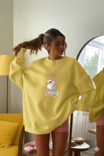 Women's Oversize Sweatshirt Dress Blessed Bunny Printed Yellow – Crew Neck, 3 Thread Fleece