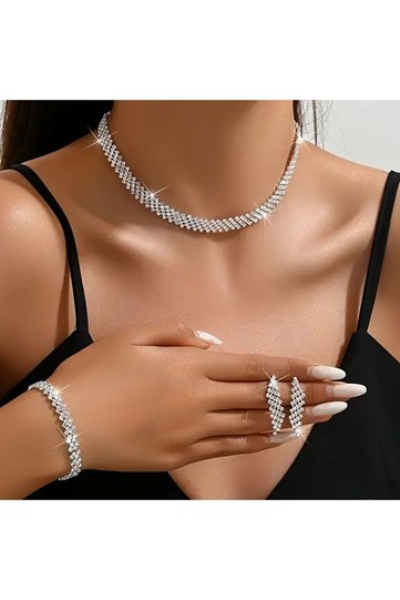طقم مجوهرات هدية من حجر الزركون بتصميم متعرج يشمل قلادة وأقراط وسوار، طقم مجوهرات للزفاف والخطوبة