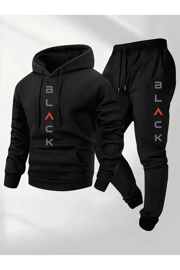 Unisex Black Printed Hooded Sweatshirt and Jogger Sweatpants - Top and Bottom Set