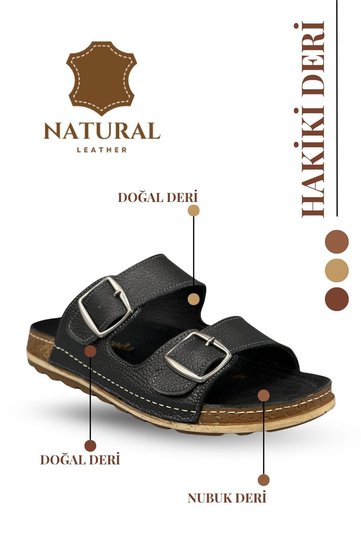 Double Buckled Adjustable Genuine Leather Men's Slippers Natural Leather Slippers T Black