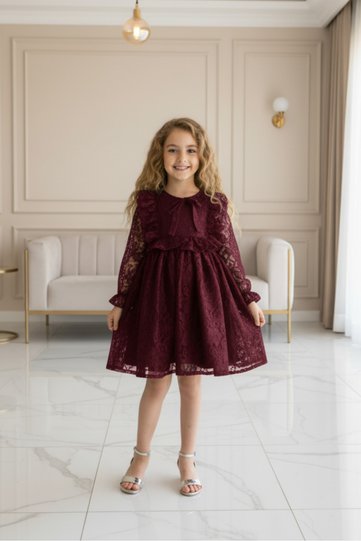 Plum Color Lace Midi Length Children's Evening Dress ABY239