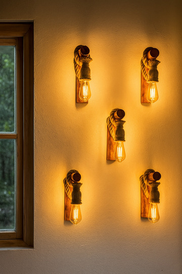 Natural Rope Wooden Wall Sconce Bohemian Style Cafe Office Balcony Decorative Lighting 5 Pieces
