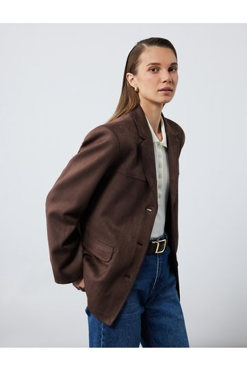 Double Breasted Buttoned Long Sleeve Pocket Faux Suede Jacket