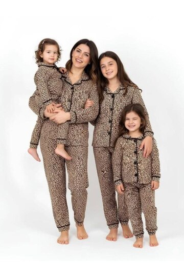 Mother and Daughter and Baby Leopard Patterned Buttoned Pajama Set