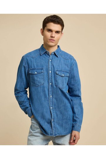 Faded Denim Shirt with Classic Collar and Long Sleeves