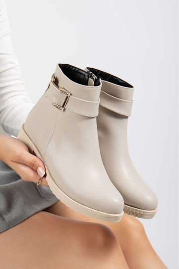 Beige Leather Women's Buckled Zip-Up Comfortable Winter Boots Non-Slip Sole H012