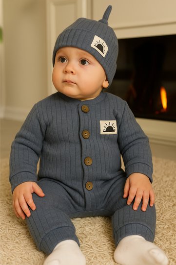 Sun Emblem Beanie Solid Color Romper Baby Set
