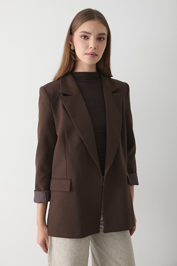 Women's Bitter Coffee Striped Lined Sleeve Detail Blazer Jacket