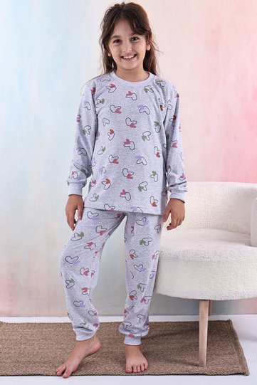 Kalp Printed Gray Girl Patterned Pajamas Set 100% Cotton