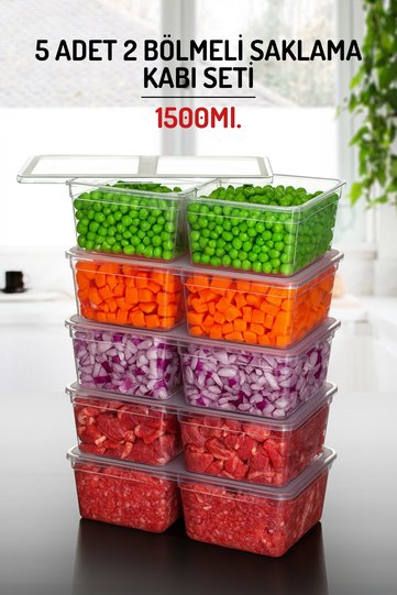 5 Pieces, 2 Compartments, 1.5 Liters. Storage Container Set - Suitable for Freezer Use