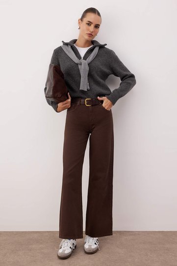 Dark Brown High Waist Ankle Length Culotte 100% Cotton Jeans TWOAW26JE00190