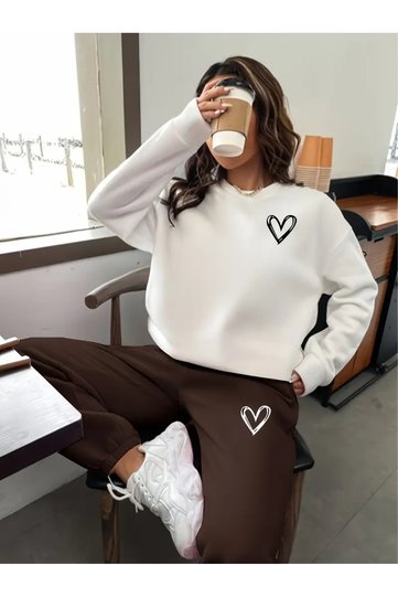 Women's White Crew Neck Minimal Heart Printed Sweatshirt-Brown Tracksuit Set