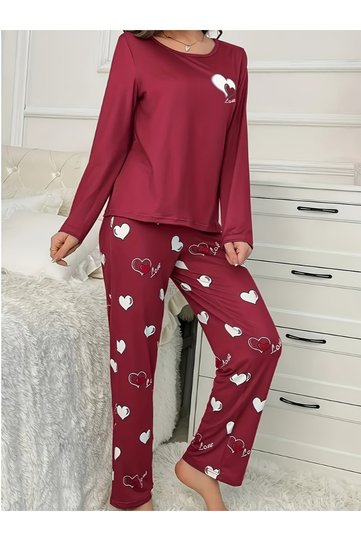 Heart Print Long Sleeve T-Shirt and Pyjama Set