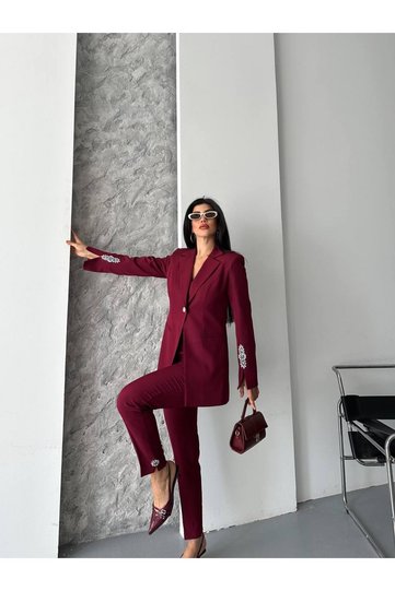 Double Fabric Stone Detailed Sleeve and Leg Ankle Women's Suit