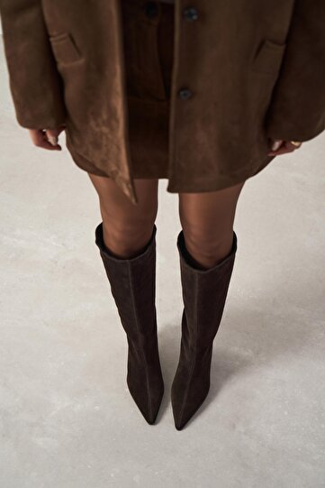 Jolie Brown Suede Genuine Leather Pointed Toe Women's Heeled Boots