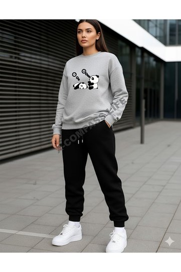 Zero Collar Sweatshirt Cotton Sleepy Bear Printed Tracksuit Set