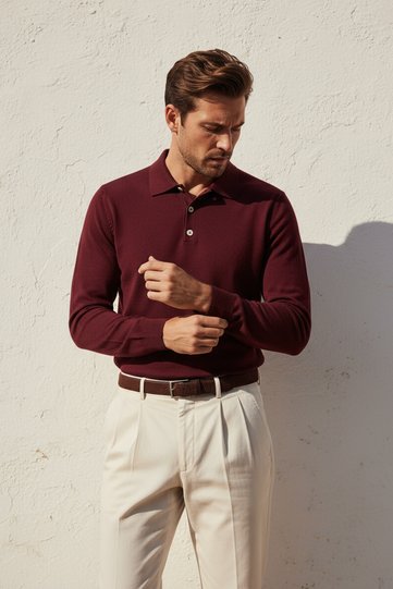 Men's Polo Neck Buttoned Knitwear Sweater Claret Red 26W2012