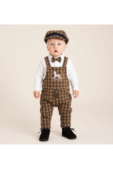 Boy's 100% Cotton Organic Fabric Horse Embroidered Salopet Set Including Hat